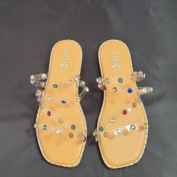 BRAND NEW ROUGE  MULTI-COLOR STUDDED JEWEL EMBELLISHMENTS SQUARE TOE SANDAL - Picture 1 of 16
